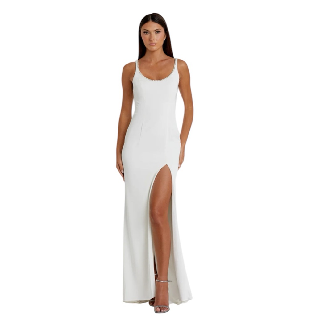 Mac Duggal Women’s Sleveless Crystal Scoop Neckline Column Gown High Slit Sz 10